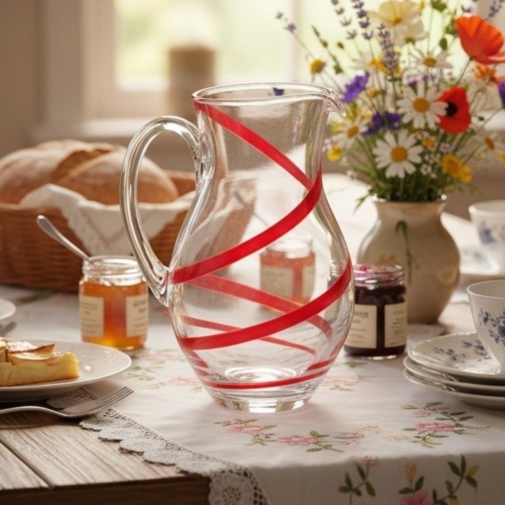 Pier 1 Imports Red Swirline Glass Pitcher, Hand-Blown Beverage Dispenser